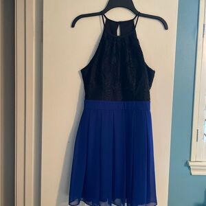 B Darlin Black and Blue Lace Halter Dress